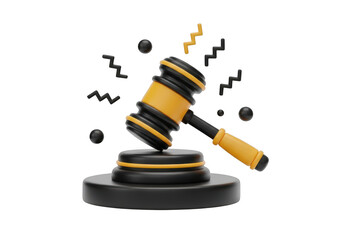3d illustration of a gavel striking a sound block, symbolizing justice and legal proceedings, isolated on transparent background