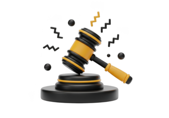 3d illustration of a gavel striking a sound block, symbolizing justice and legal proceedings, isolated on transparent background