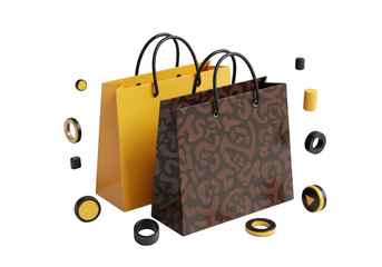 3d illustration of two shopping bags, one yellow and one patterned brown, isolated on transparent background