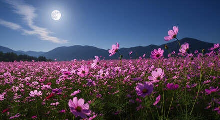 Midnight Bloom: A serene field of vibrant pink cosmos flowers basks under the soft glow of the moon, painted against a deep blue sky.