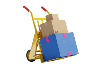 3d icon of a yellow hand truck or dolly loaded with stacked cardboard boxes, one blue and two brown, isolated on transparent background