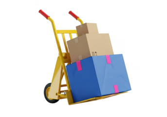 3d icon of a yellow hand truck or dolly loaded with stacked cardboard boxes, one blue and two brown, isolated on transparent background