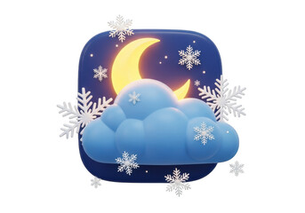 3d illustration of a cloudy night sky with a crescent moon and snowflakes, isolated on transparent background