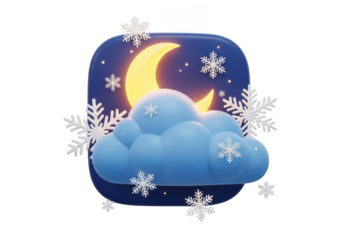 3d illustration of a cloudy night sky with a crescent moon and snowflakes, isolated on transparent background