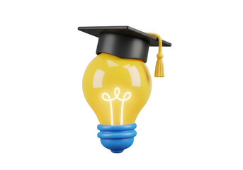 3d icon of a glowing yellow light bulb wearing a graduation cap, isolated on transparent background