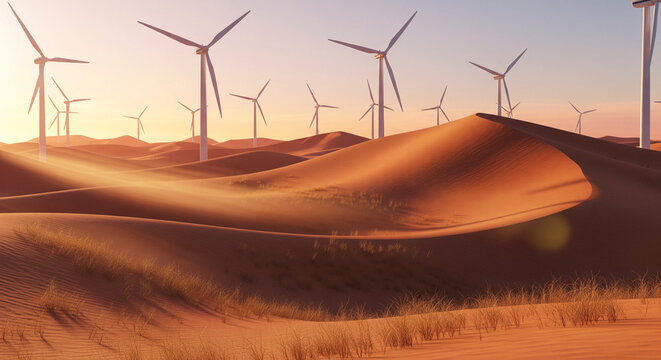 Desert Wind Energy: Wind turbines dot the horizon, gracefully harnessing the power of the wind amidst the stark beauty of a desert landscape, a testament to sustainable energy.