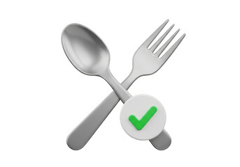3d icon of a 3d illustration of a fork and spoon crossed with a green checkmark in a circle, isolated on transparent background