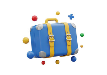 3d icon of a blue 3d suitcase with yellow straps, surrounded by colorful spheres and a plus sign, isolated on transparent background