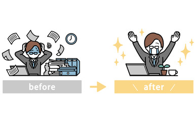 クラウド導入で業務改善するビジネスマンのビフォーアフターイラスト