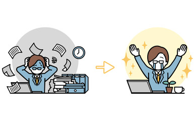 書類に追われて残業するビジネスマンが業務改善でゆとりが生まれるビフォーアフターイラスト