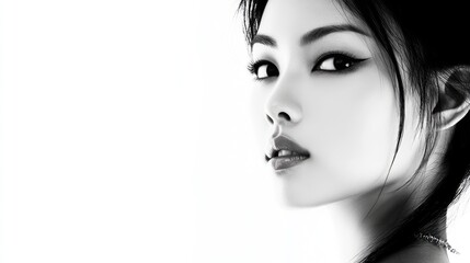 Black and white studio portrait of a young beautiful Asian woman on white background with copy space