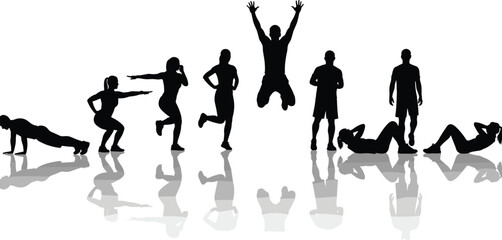 Obraz premium Fitness routine silhouette individuals engaged in various exercises and physical activities with reflected shadows
