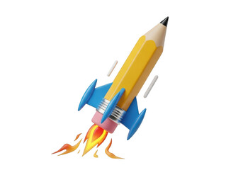 3d illustration of a pencil shaped like a rocket launching with flames, isolated on transparent background