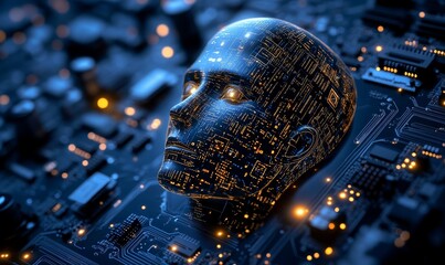 Future, tech, and internet chip for AI on a motherboard for programming and online browsing. Lights, machine learning algorithms, and big data processing for online information, Generative AI