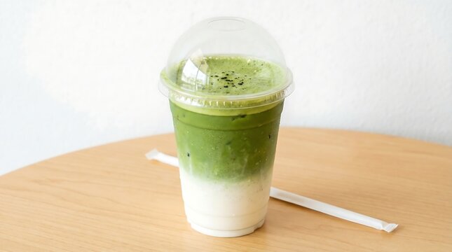 a refreshing iced matcha latte in a clear plastic cup with a white lid and straw rests on a light wood surface showcasing