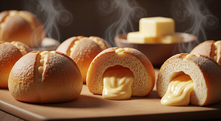 Fresh Bread with Melted Butter: The inviting aroma of freshly baked bread mingled with melted butter on a wooden surface, evoking a sense of warmth and comfort. The golden-brown bread with the creamy.