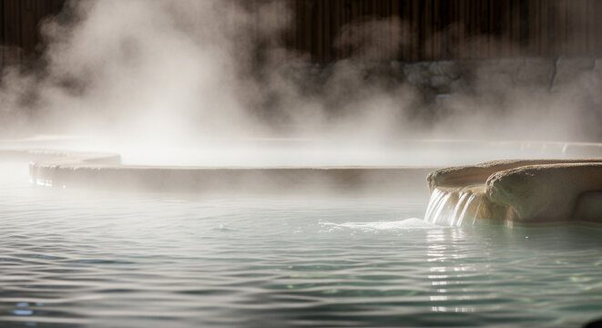 Steamy Relaxation: A serene thermal spring scene, where cascading water meets a pool shrouded in a veil of mist. Capturing tranquility and natural spa beauty.
