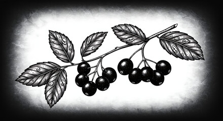 Black and white illustration of cherry branch with leaves