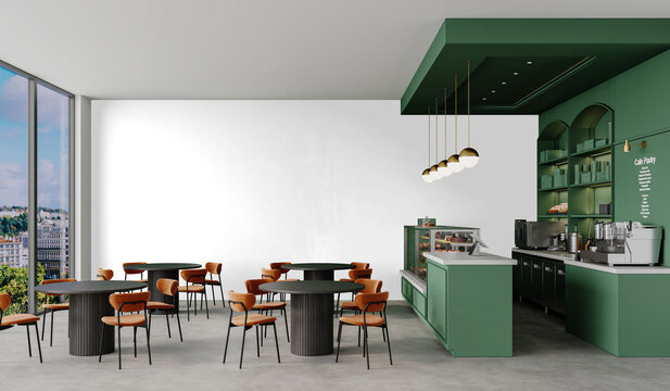 Contemporary Green Cafe Pastry Interior Isolated PNG with Display Counter, Seating Area and Empty Wall for Graphic Design Use