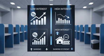 Banking Charts and Interest Rate: An infographic illustrates banking concepts, highlighting the relationship between interest rates and economic trends in a clear, informative presentation.