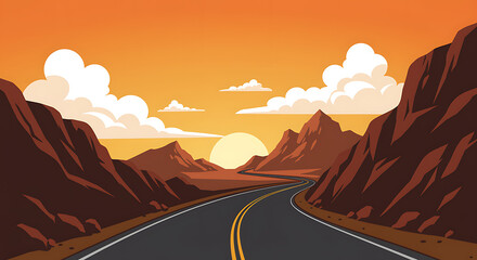 Scenic road through mountains at sunset