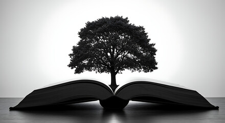 Tree growing out of an open book in black and white