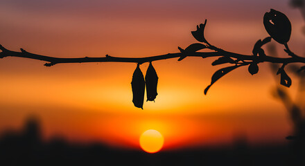 Beautiful sunset with silhouetted tree branch and leaves