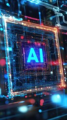 AI letters in a frame in cyberspace. Virtual reality, programming and information technology of the future. Artificial intelligence, digital code data and cybersecurity