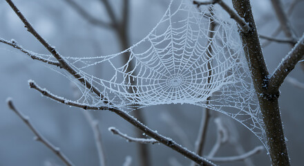 Frosty spider web caught in winter chill