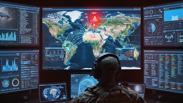 Soldier monitoring digital displays in high-tech military operations center