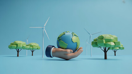 Human hand holding a vibrant world globe with wind turbines and green trees representing environmental care