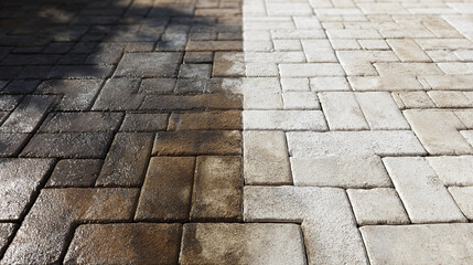 A close-up shot of a pathway, half cleaned and half dirty