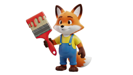Cartoon Fox Holding a Paintbrush with Red Paint