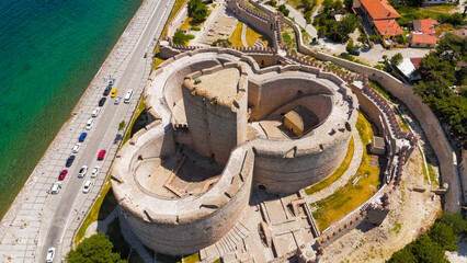 Kilitbahir, Turkey. Coastal landscape with Kilitbahir Fortress on shoreline of Dardanelles strait under clear skies. Aerial View