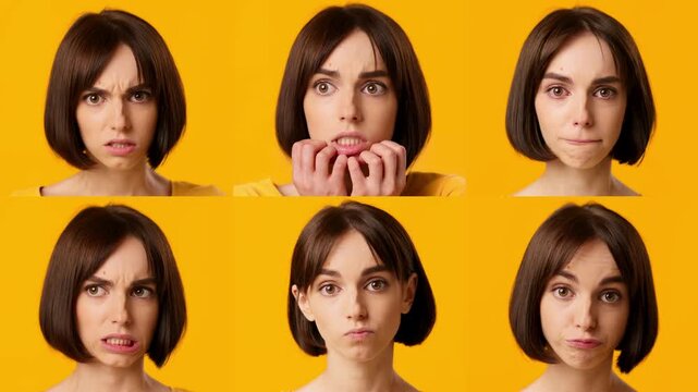 A young Caucasian woman showcases a spectrum of emotions against a vibrant yellow backdrop. Her facial expressions shift from indifference to anger, capturing a powerful emotional journey.