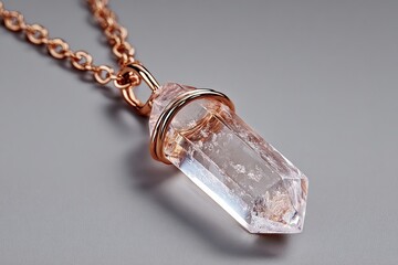 Elegant Gemstone Pendant: A captivating crystal pendant, suspended from a delicate chain, glistening with ethereal beauty against a soft, subtle backdrop.
