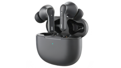 Modern dark grey true wireless earbuds securely nestled in their open charging case with indicator light