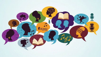 A colorful vector graphic illustration of speech bubbles with silhouettes of people's heads, books, music notes, and microphones, representing communication and creativity.