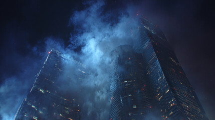 Towering skyscrapers shrouded in a mysterious fog, creating a captivating night scene. The structures pierce the sky with their imposing presence, the fog adding an ethereal quality