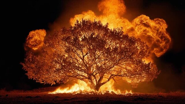 A solitary tree blazes in a night fire, bright orange flames engulfing branches and trunk. with glow