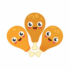 Obraz premium Cute vector cartoon of crispy fried chicken leg with funny expression, kawaii fast food mascot, happy emoticon and sticker design element