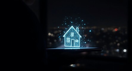 Futuristic Digital House Icon Glowing on a Dark Cityscape Background.
