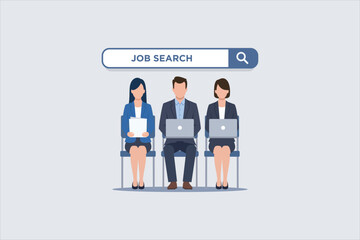 Flat vector illustration of job search and recruitment concept with professional candidates sitting in line, holding laptops and resume, career opportunity, hiring process, employment and HR theme.