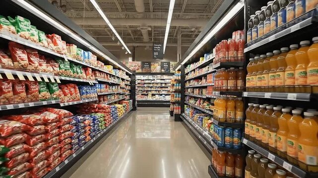 Organized Supermarket Aisle With Stocked Shelves And Bright Lights.