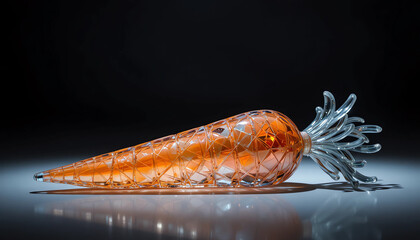 Glass carrot sculpture, transparent crystal look, studio lighting, dark background