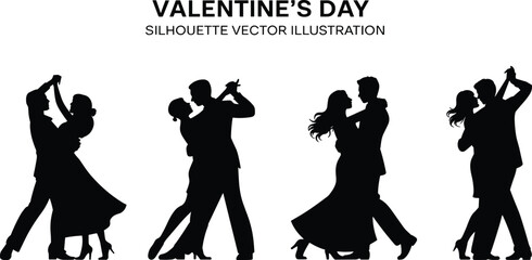 Valentine couple dance vector illustration, romantic silhouette artwork, black and white love design, elegant pose clipart, formal attire graphic