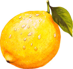 Fresh Lemon with Leaf and Water Droplets