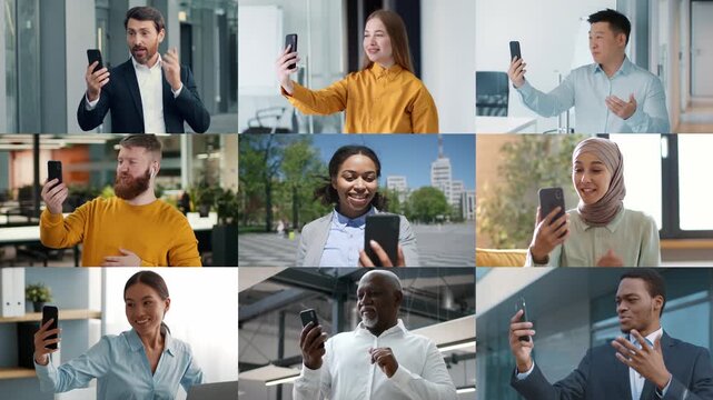 A diverse group of business people participate in a lively video chat using their smartphones. Each individual expresses joy and connection while engaging from different locations.