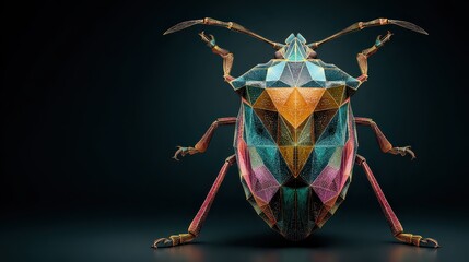 Geometric stink bug, multicolored polygonal facets, isolated on dark background. Use for abstract art, graphic design, and educational insect illustration.