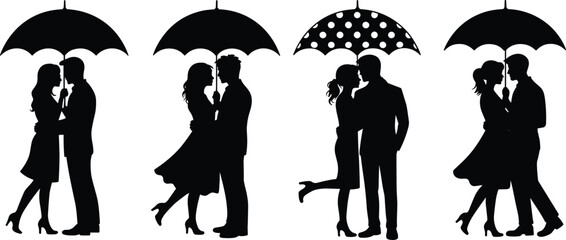 Couple umbrella silhouette vector illustration, romantic rainy day pose, black and white love design, emotional clipart, Valentine&rsquo;s Day themed artwork